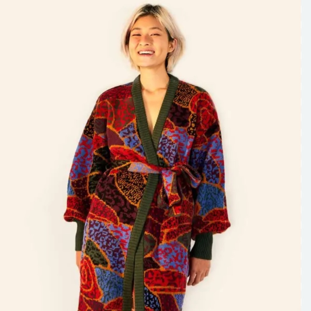 FARM Rio Red and Blue Hidden Animals Long Wrap Cardigan